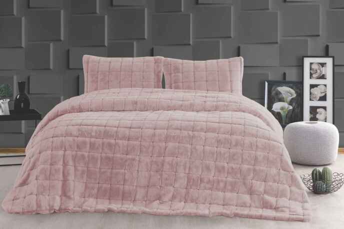 Merinos Luxe Yatak Örtüsü Seti Çift Kutulu Kareli Pudra - 1