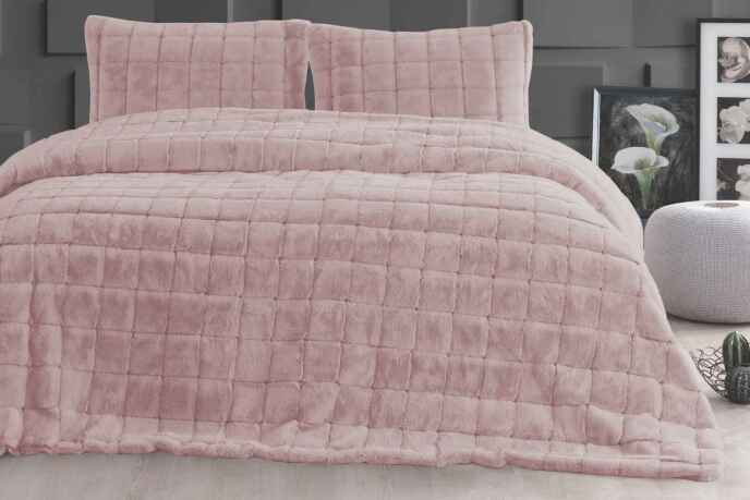 Merinos Luxe Yatak Örtüsü Seti Çift Kutulu Kareli Pudra - 2