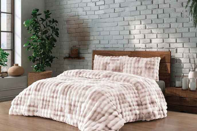 Merinos Diamond 3 Parça Bubble Kürk Comforter Set Duman Bej - 1