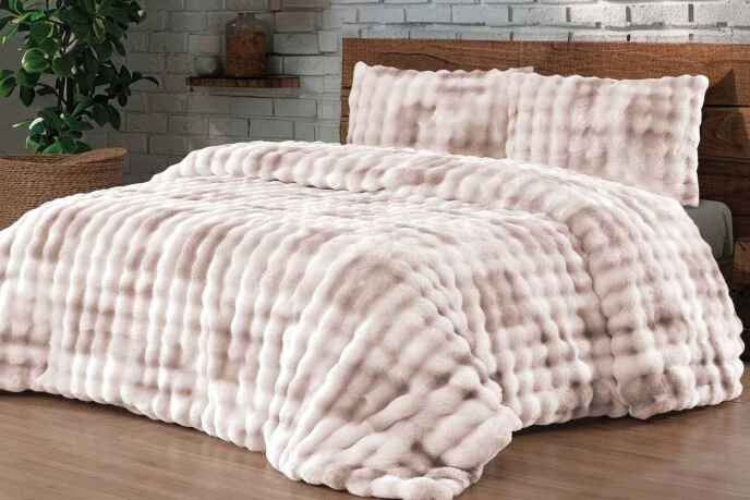 Merinos Diamond 3 Parça Bubble Kürk Comforter Set Duman Bej - 2