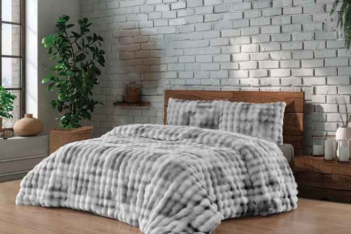 Merinos Diamond 3 Parça Bubble Kürk Comforter Set Duman Gri - 1